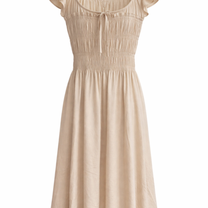 Vestido Beige Midi con Cintura Fruncida – Estilo Natural y Femenino