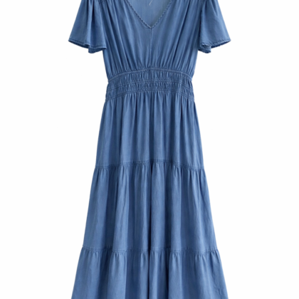 Vestido Azul Midi con Manga Corta – Estilo Casual y Elegante