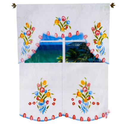 Cortina cocina flores fondo beige